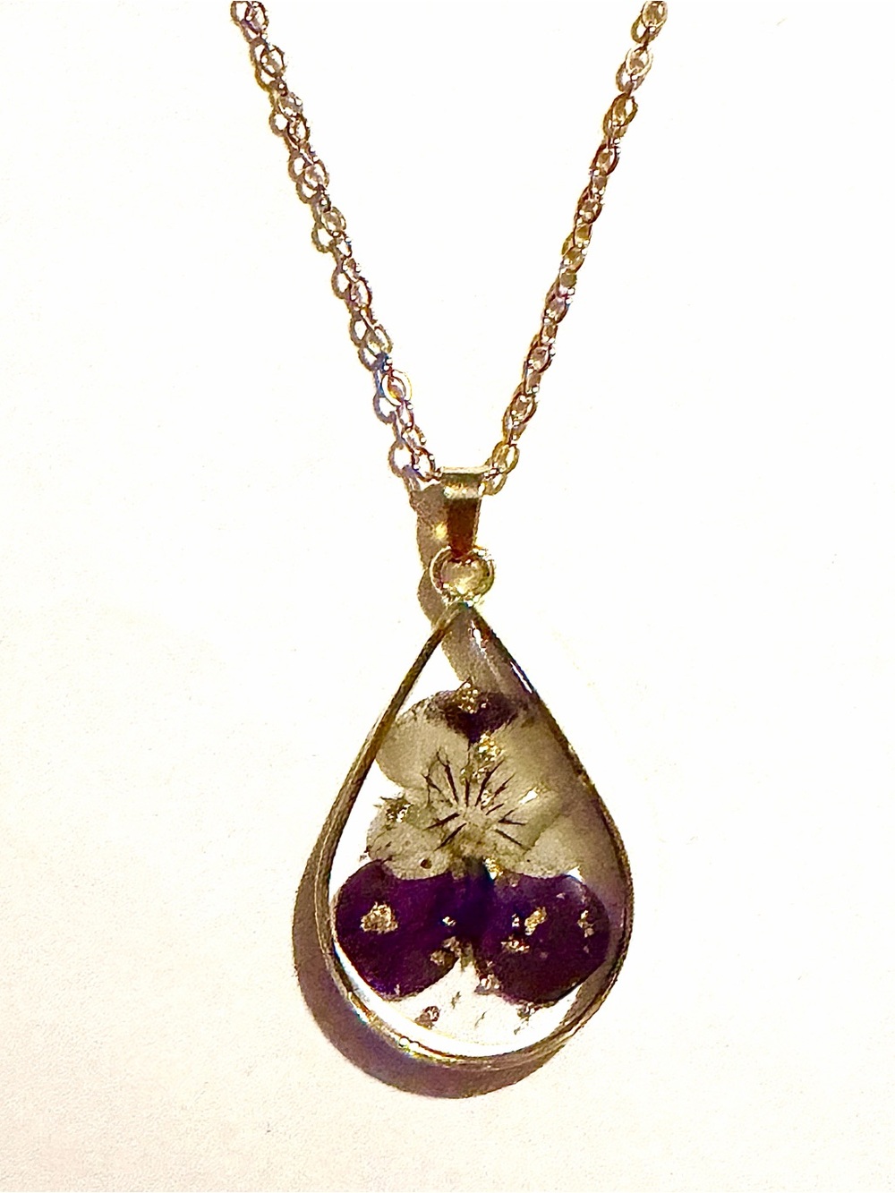 Pressed Flower Teardrop Pendant Necklace